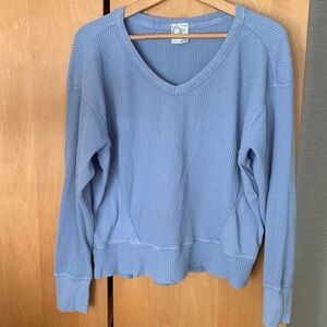 Aerie Offline Waffle Knit Thermal Long Sleeve V neck pullover Top Washed Blue XS
